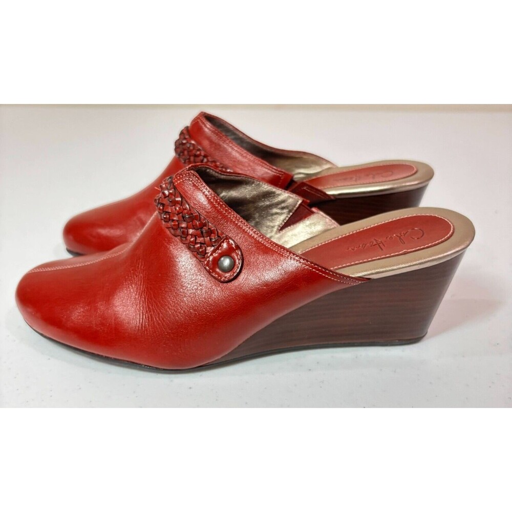 Cole Haan Red Leather Wedge Clogs Mules Shoes Womens 9B Braid Western Boho